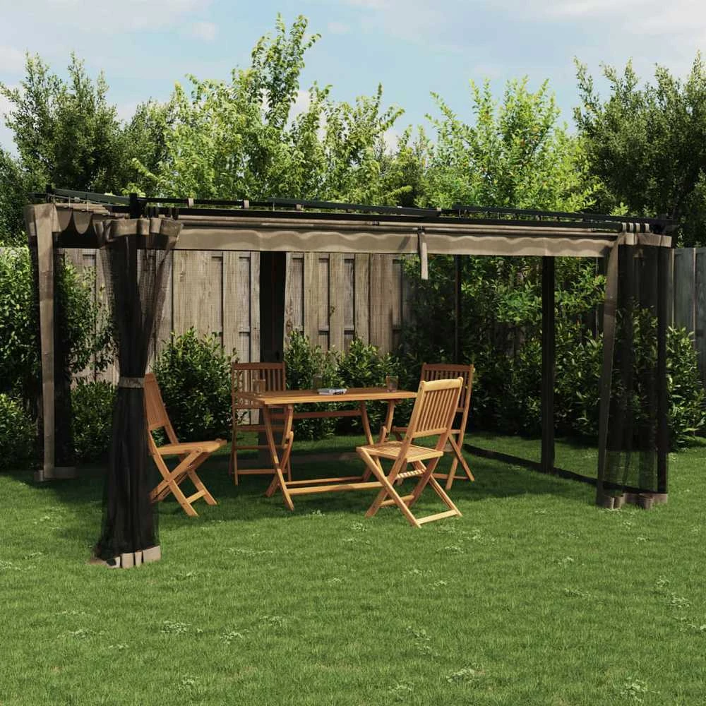 Pavėsinė su tinklinėmis sienelėmis, taupe, 4x3m, plienas
