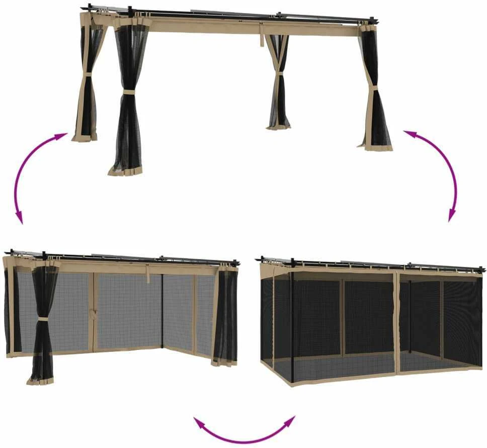 Pavėsinė su tinklinėmis sienelėmis, taupe, 4x3m, plienas