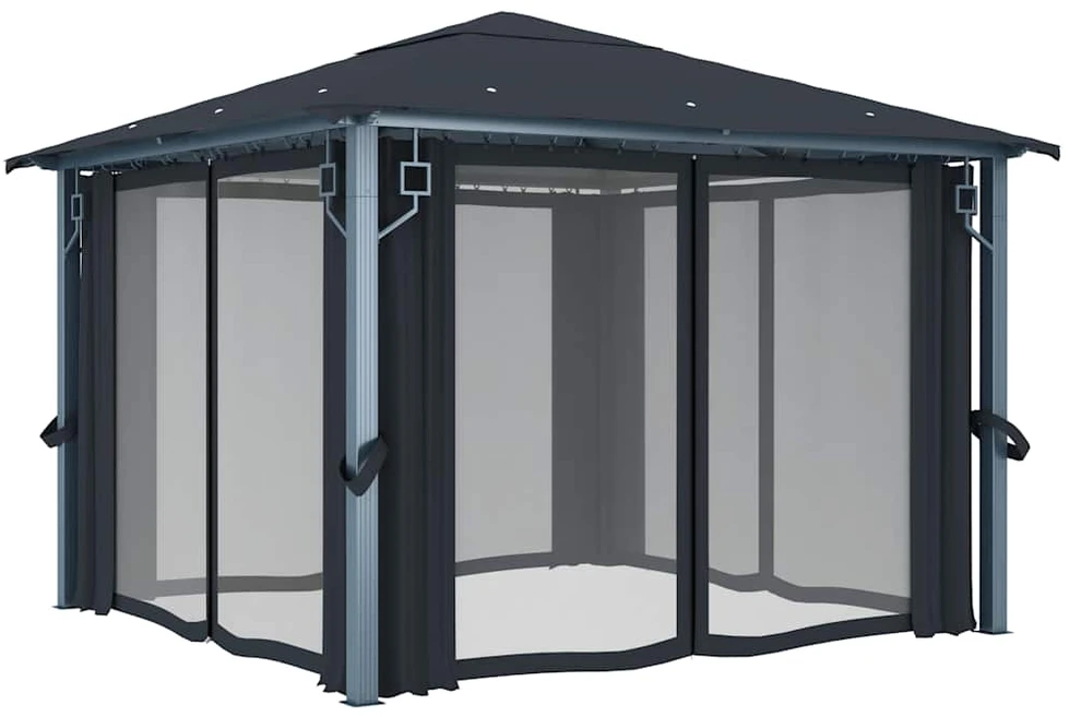 Pavėsinė su užuolaidomis ir lemputėmis LED, antracito, 3x3 m