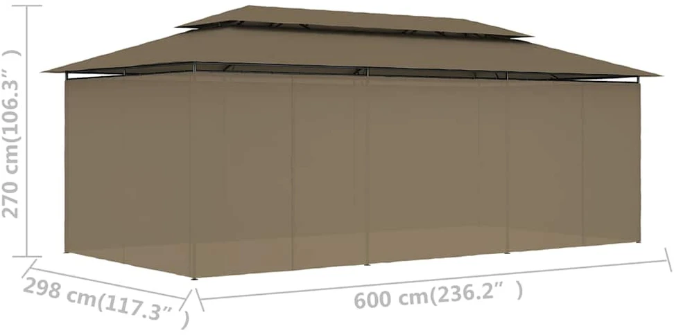 Pavėsinė su užuolaidomis, taupe, 600x298x270cm, 180g/m²