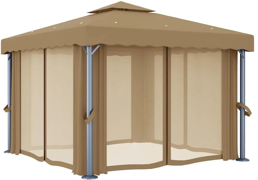 Pavėsinė su užuolaidomis, taupe spalvos, 3x3m, aliuminis