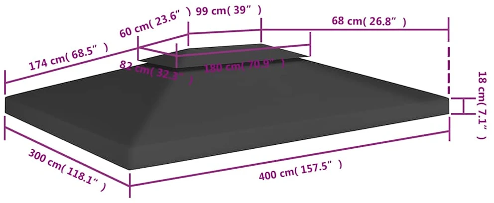 Pavėsinės uždangalas, 2 pakopų, juodas, 4x3m, 310 g/m²