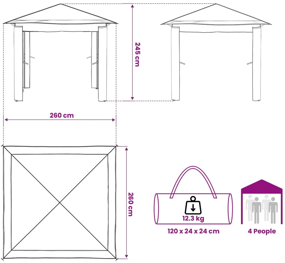 Paviljonas be šoninės sienos 2,6 x 2,6 m Kremo ir antracito