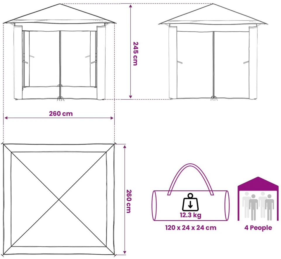 Paviljonas su 4 šoninėmis sienomis 2,6 x 2,6 m Bežinis ir Rudas