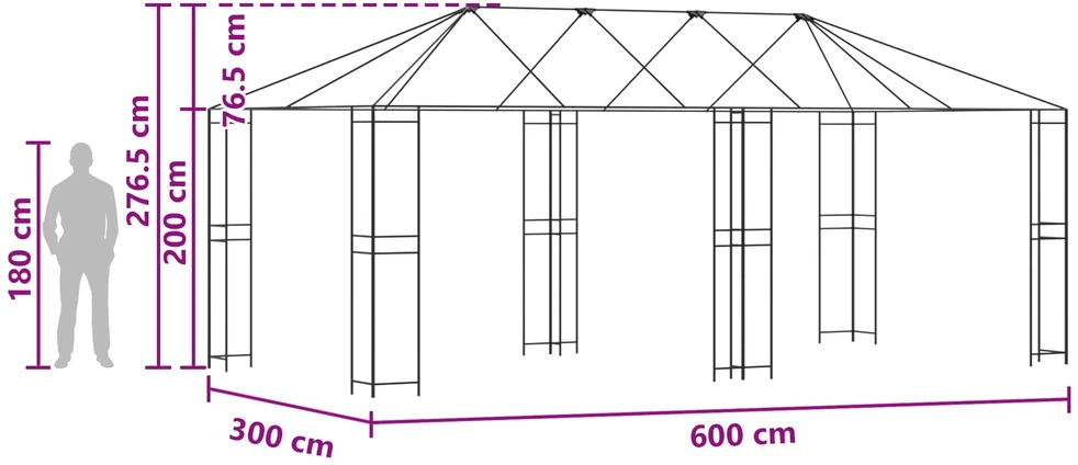 Paviljono rėmas be paviljono audinio 6 x 3 m Juoda Plienas