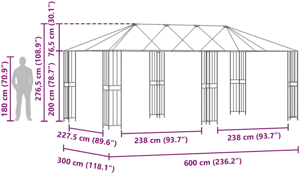 Paviljono rėmas be paviljono audinio 6 x 3 m Juoda Plienas