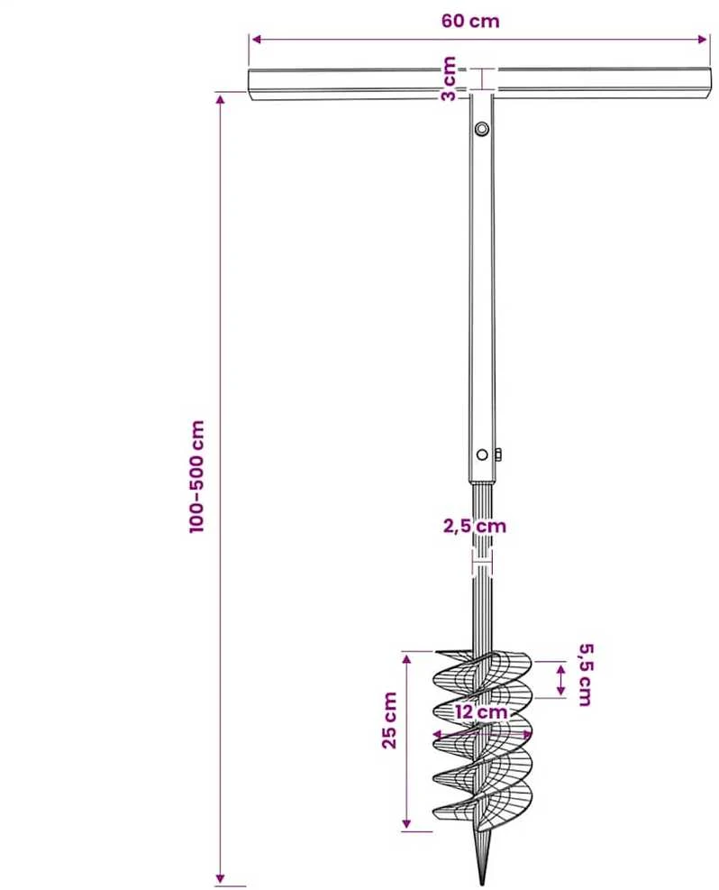 Plieninis 12 cm Žemės Grąžtas su Rankena ir Ilgintuvais, 5 m