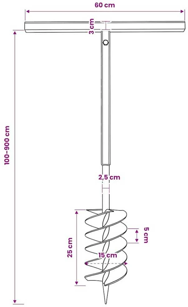 Plieninis 15 cm Žemės Grąžtas su Rankena ir Ilgintuvais, 9 m