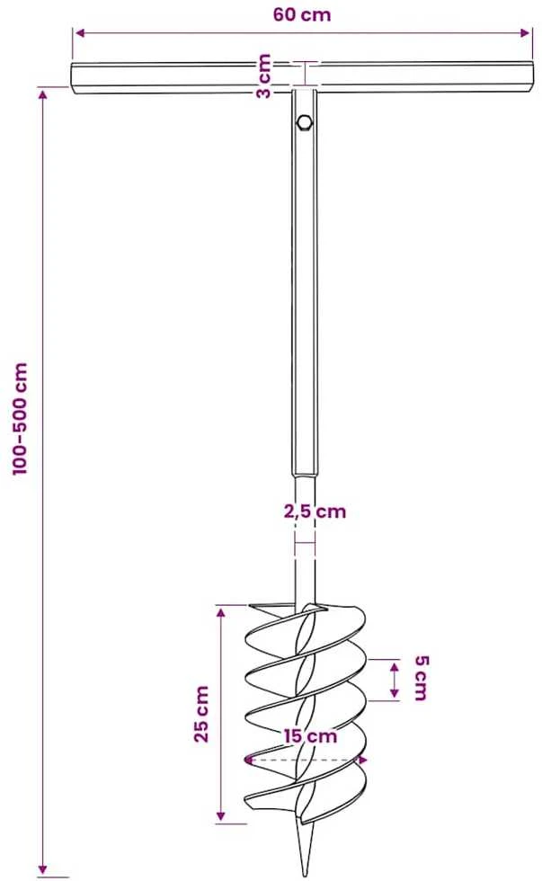 Plieninis 15 cm Žemės Grąžtas su Rankena ir Ilgintuvais, 5 m