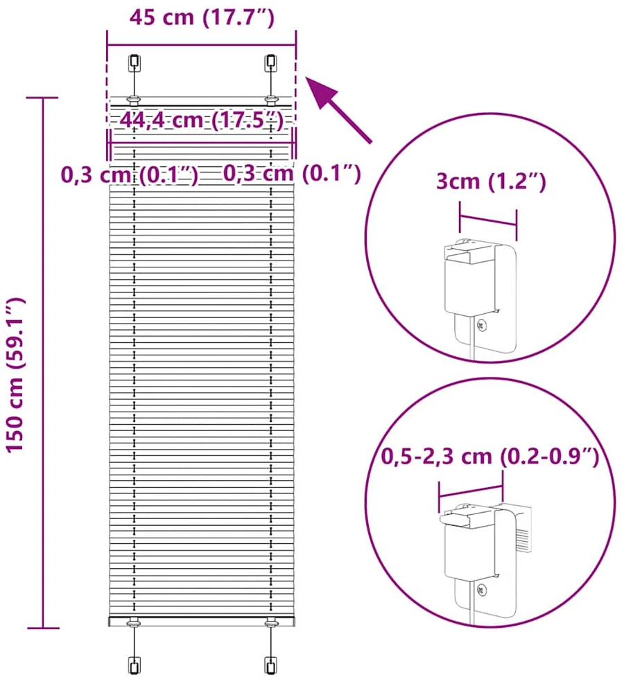 Plisuota žaliuze antracitas 45x150 cm audinio plotis 44,4 cm