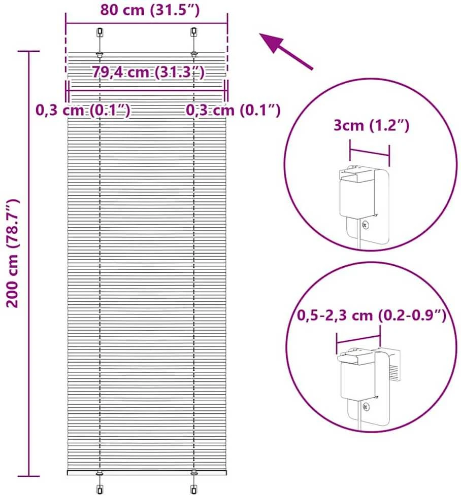 Plisuota žaliuze balta 80x200 cm audinio plotis 79,4 cm