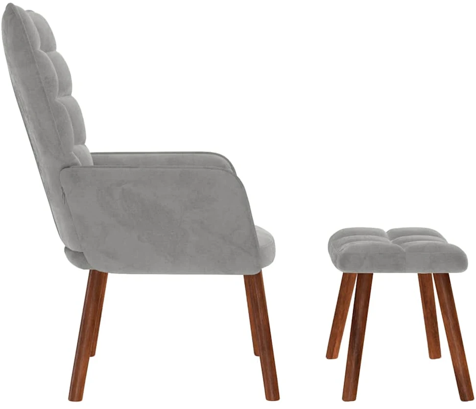 Fotelis Poilsio krėslas su taburetėle, šviesiai pilkas, aksomas