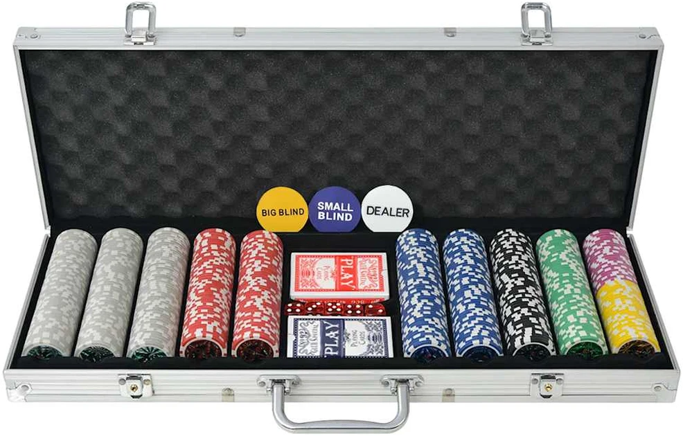 Pokerio rinkinys su 500 žetonų su vertėmis, aliuminis