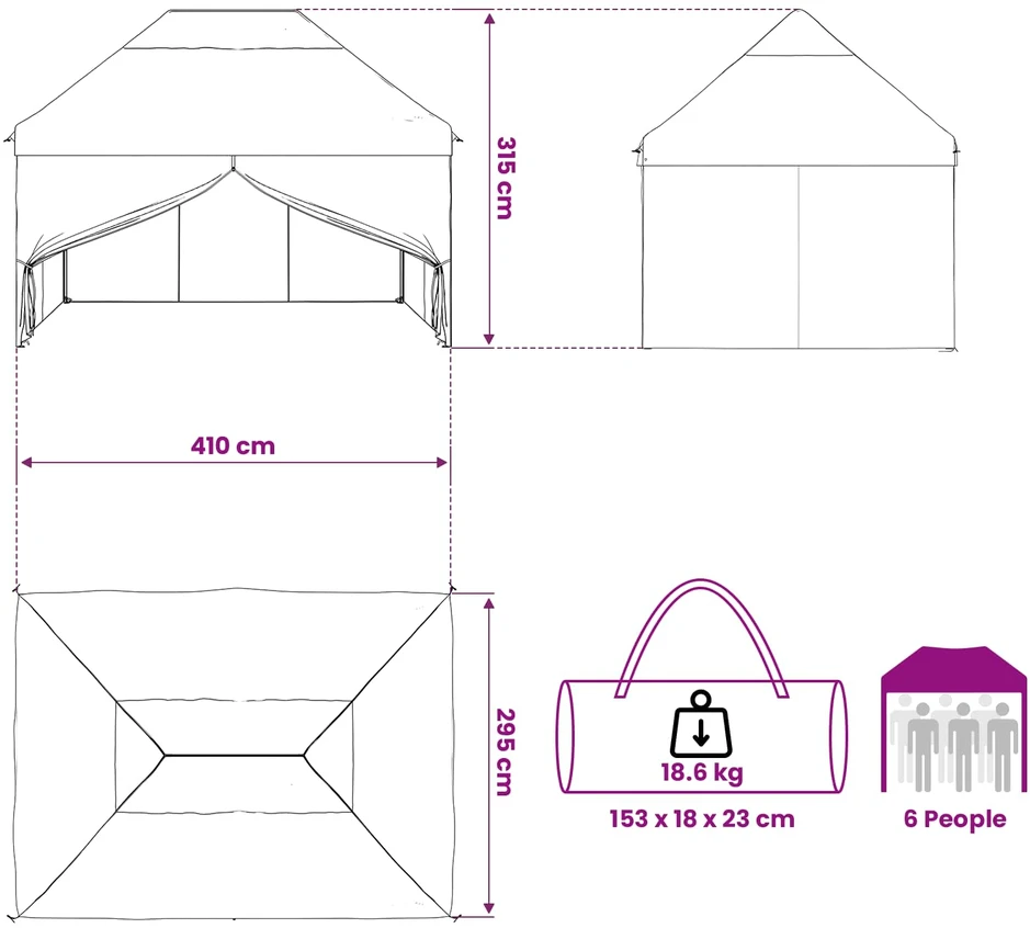 Pop-up Gazebo su 4 Šoninėmis Sienelėmis 2,95 x 4,1 m