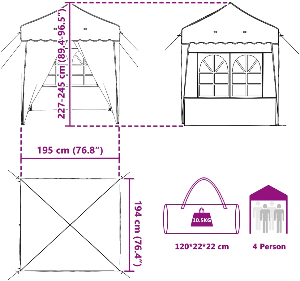 Pop-up šventinis palapinė 195 x 195 x 245 cm Juoda