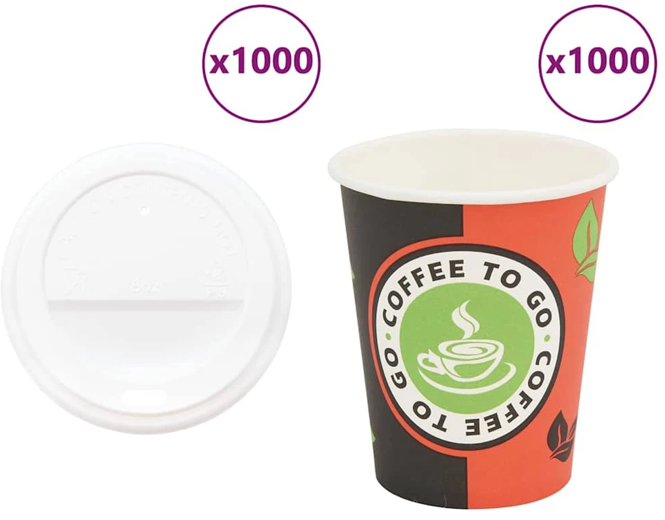 popieriniai kavos puodeliai su dangteliais 1000 vnt 8oz 240ml