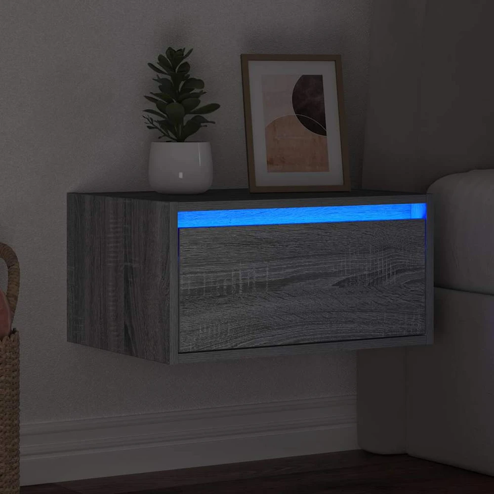 TV staliukas Prie sienos montuojama naktinė spintelė su LED, pilka ąžuolo