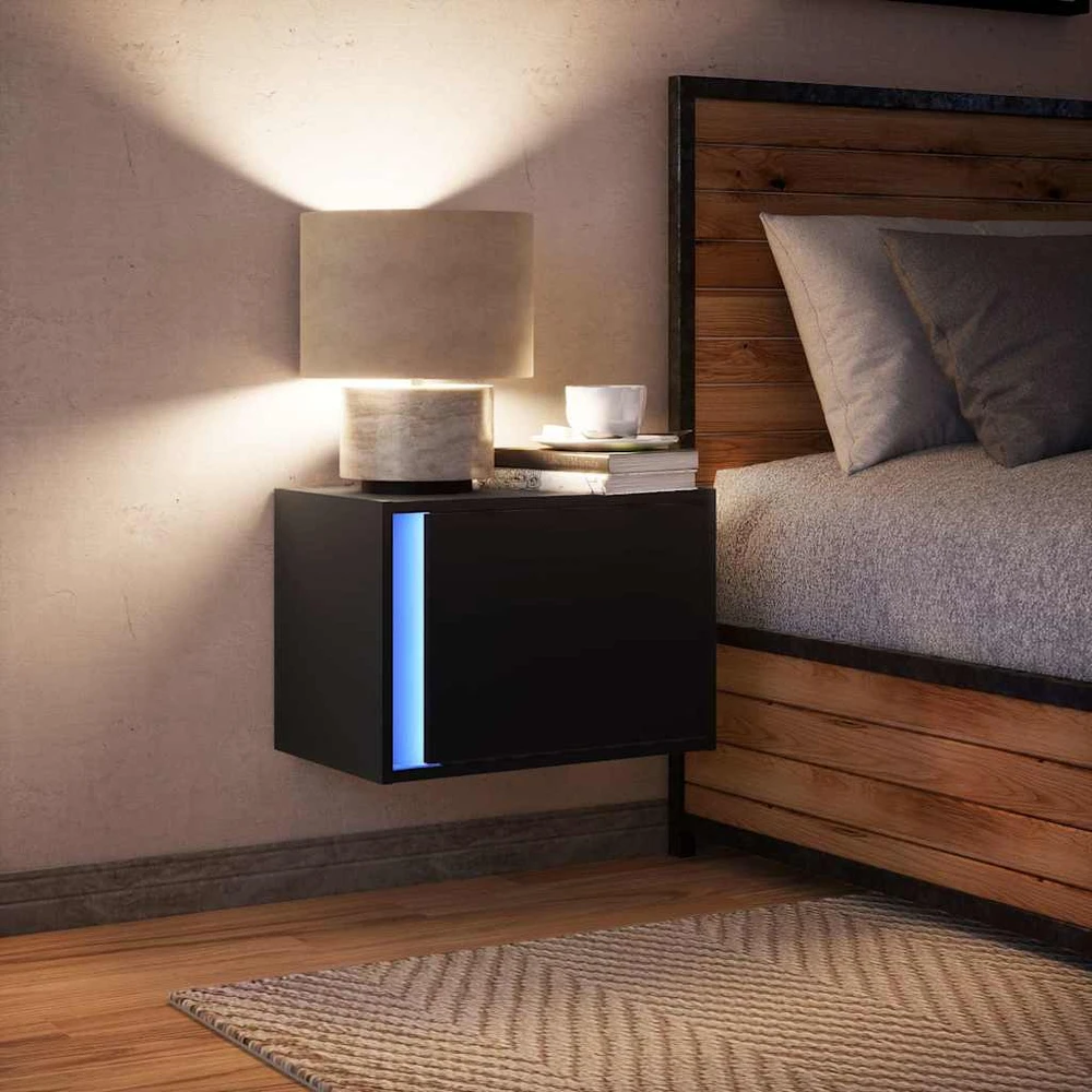 Prie sienos montuojama naktinė spintelė su LED, juoda