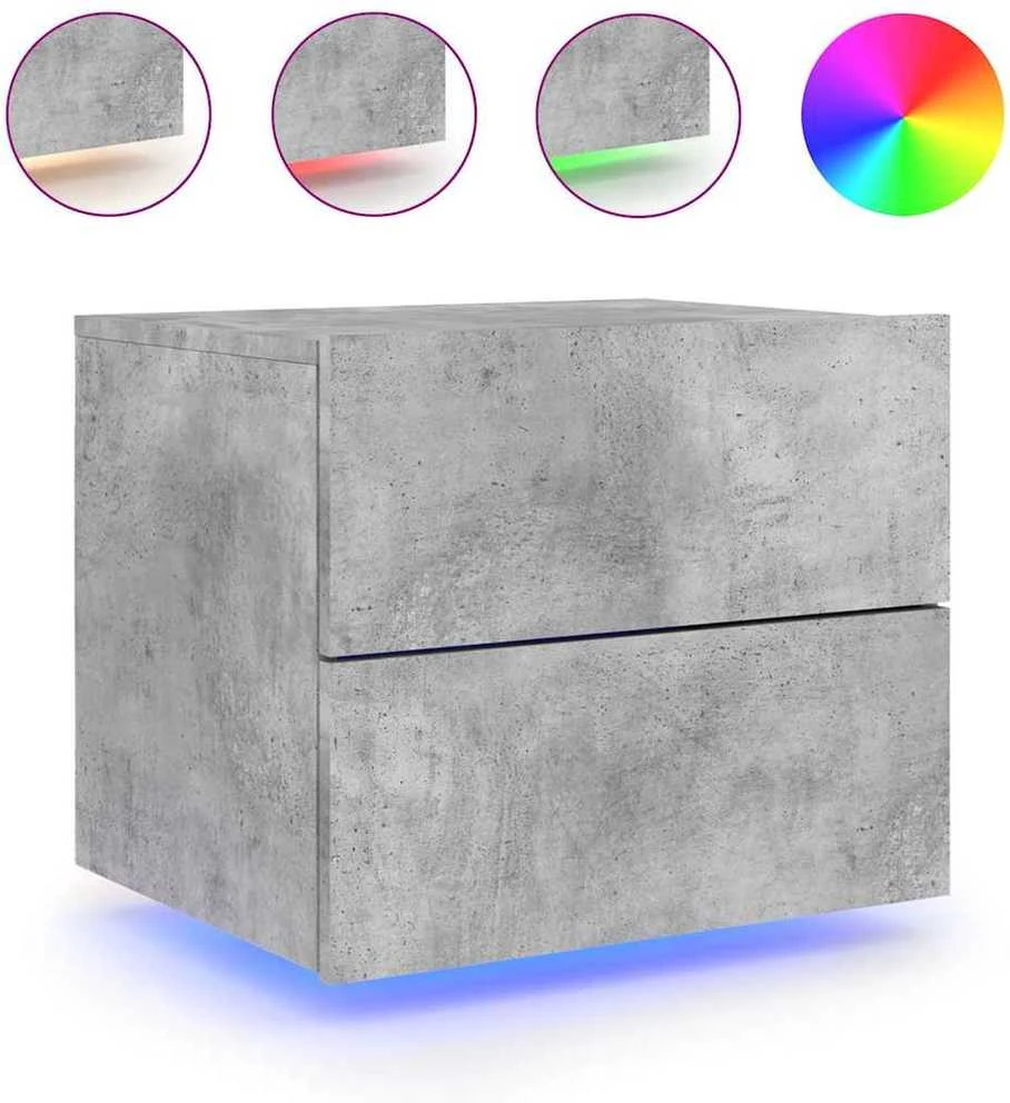 Prie sienos montuojama naktinė spintelė su LED, betono pilka