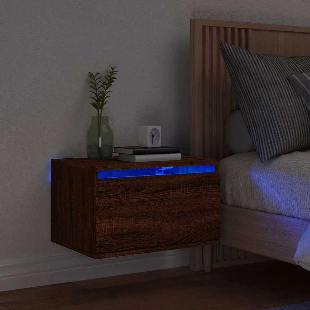 Prie sienos montuojama naktinė spintelė su LED, ruda ąžuolo