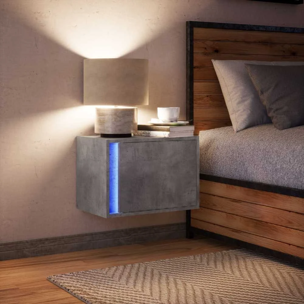 Prie sienos montuojama naktinė spintelė su LED, betono pilka