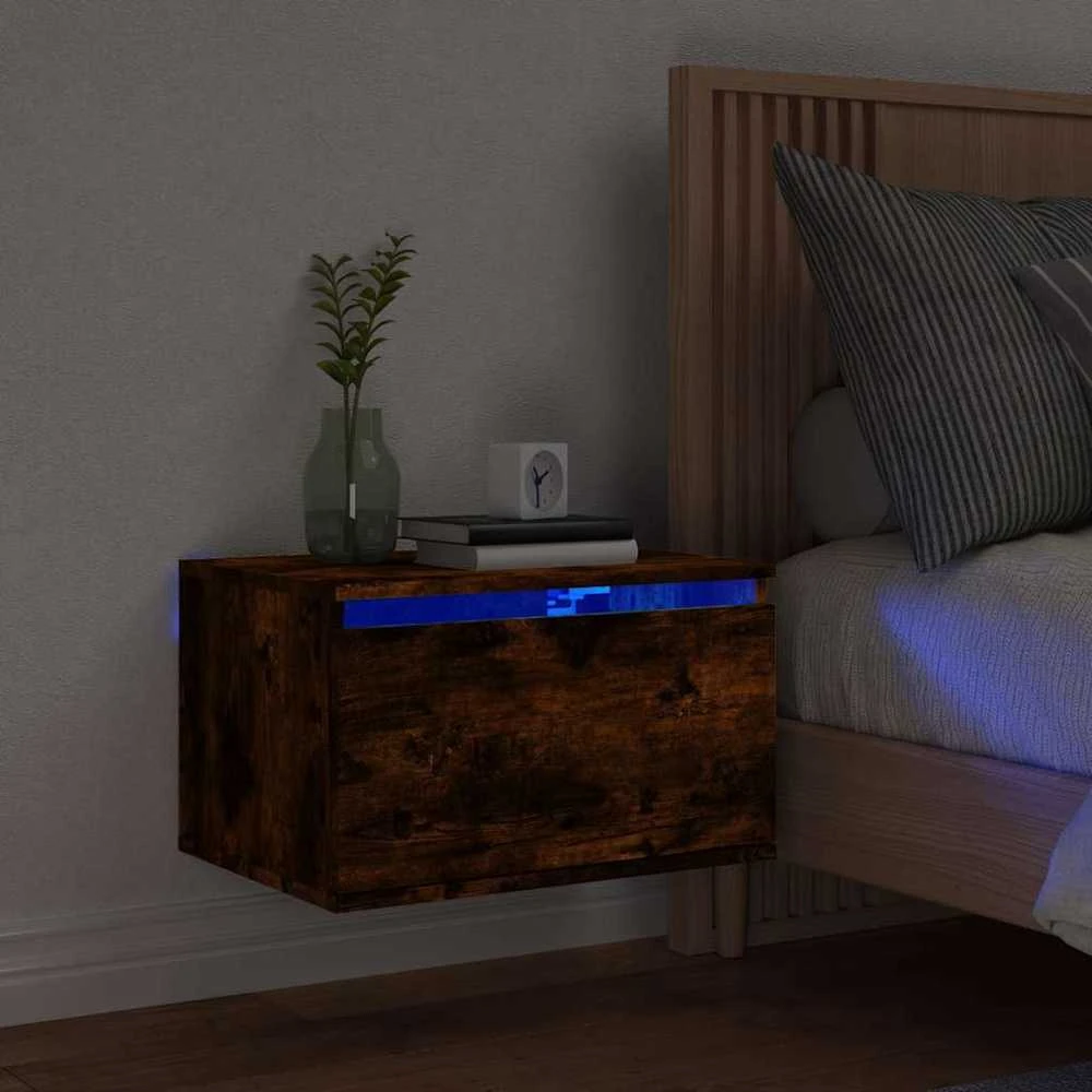 Prie sienos montuojama naktinė spintelė su LED, dūminio ąžuolo