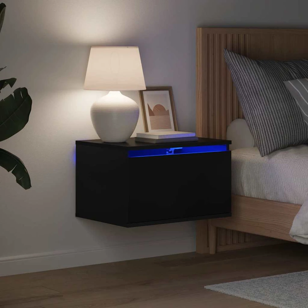 Prie sienos montuojama naktinė spintelė su LED, juoda