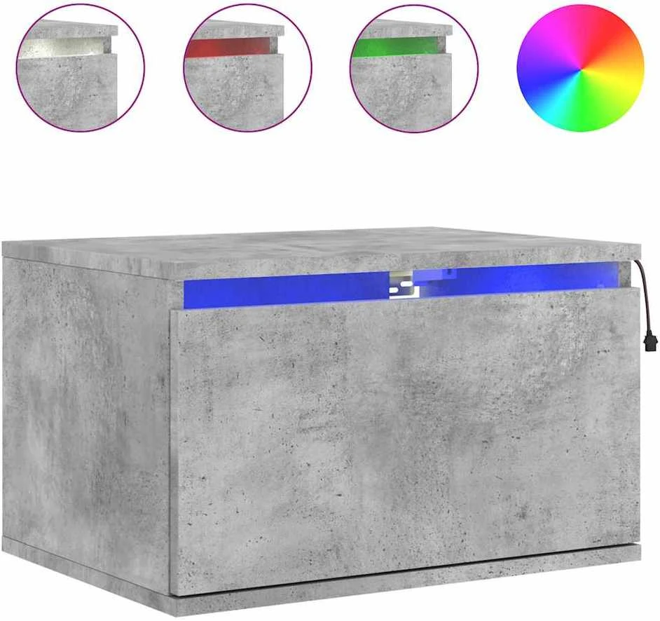 Prie sienos montuojama naktinė spintelė su LED, betono pilka