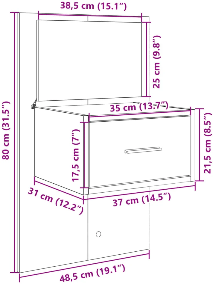 Prie sienos montuojama naktinė spintelė su LED, juoda