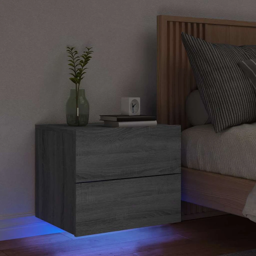 Prie sienos montuojama naktinė spintelė su LED, pilka ąžuolo