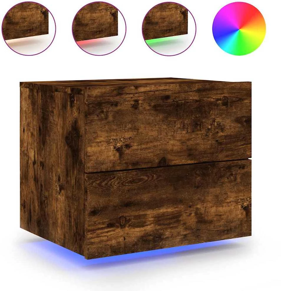 Prie sienos montuojama naktinė spintelė su LED, dūminio ąžuolo