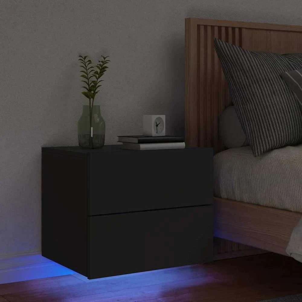Prie sienos montuojama naktinė spintelė su LED, juoda