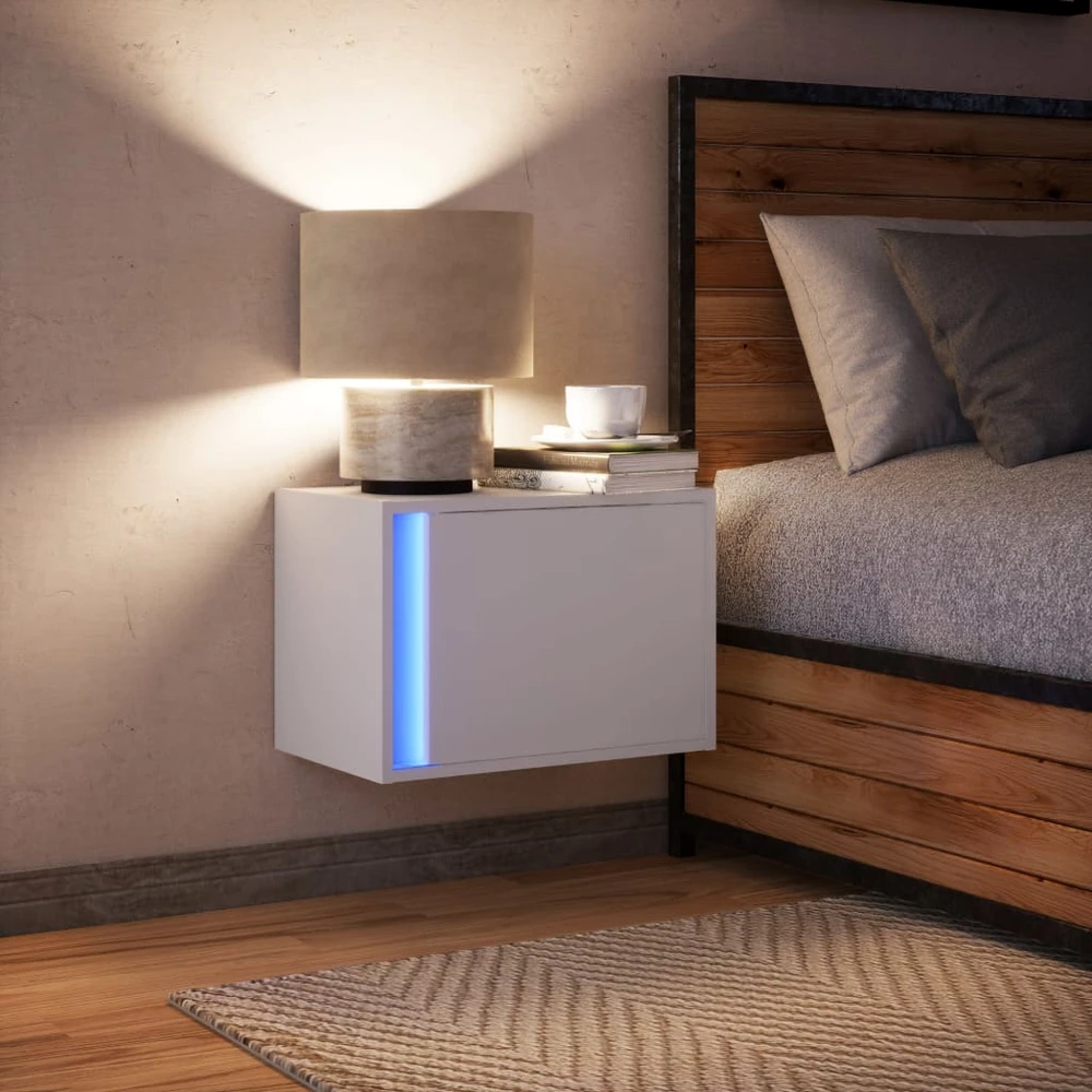 Prie sienos montuojama naktinė spintelė su LED, balta