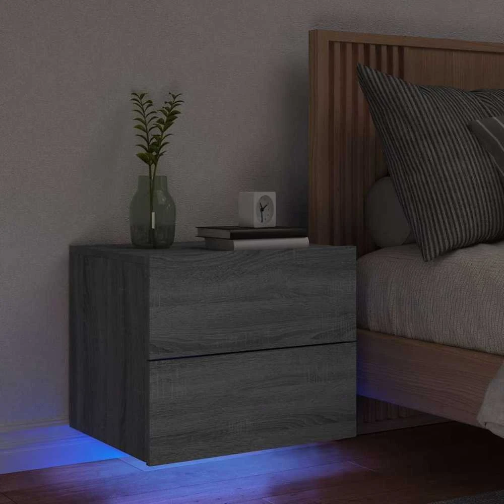 Prie sienos montuojama naktinė spintelė su LED, pilka ąžuolo