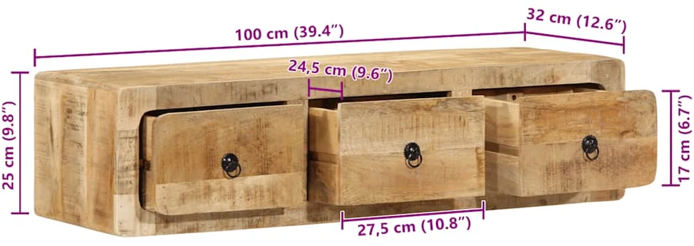 Prie sienos montuojama televizoriaus spintelė, 100x32x25 cm, masyvi mango mediena