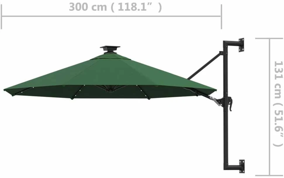 Prie sienos montuojamas sodo skėtis su LED, žalias, 300cm