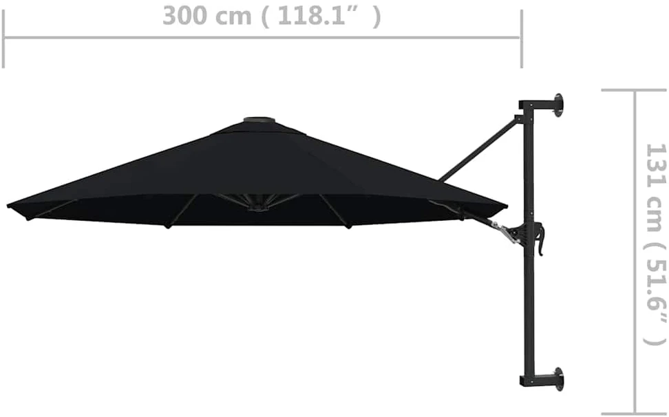Prie sienos montuojamas skėtis su stulpu, juodas, 300cm