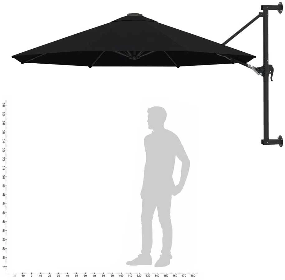 Prie sienos montuojamas skėtis su stulpu, juodas, 300cm
