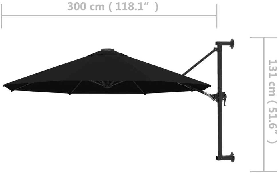 Prie sienos montuojamas skėtis su stulpu, juodas, 300cm