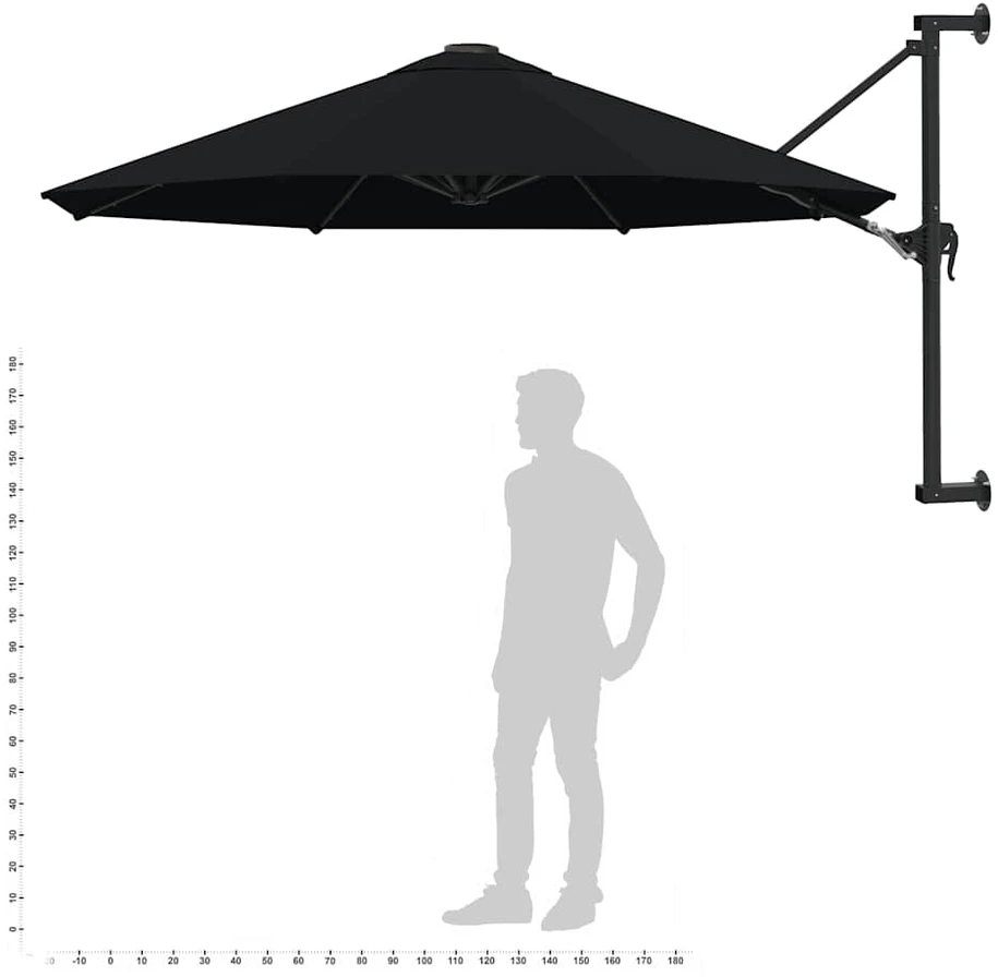 Prie sienos montuojamas skėtis su stulpu, juodas, 300cm