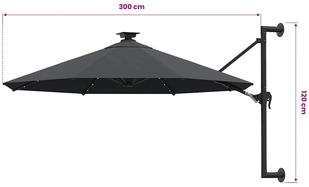 Prie sienos montuojamas sodo skėtis su LED, antracito, 300cm