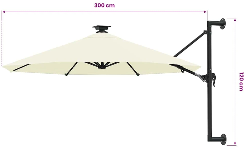 Prie sienos montuojamas sodo skėtis su LED, smėlio, 300cm