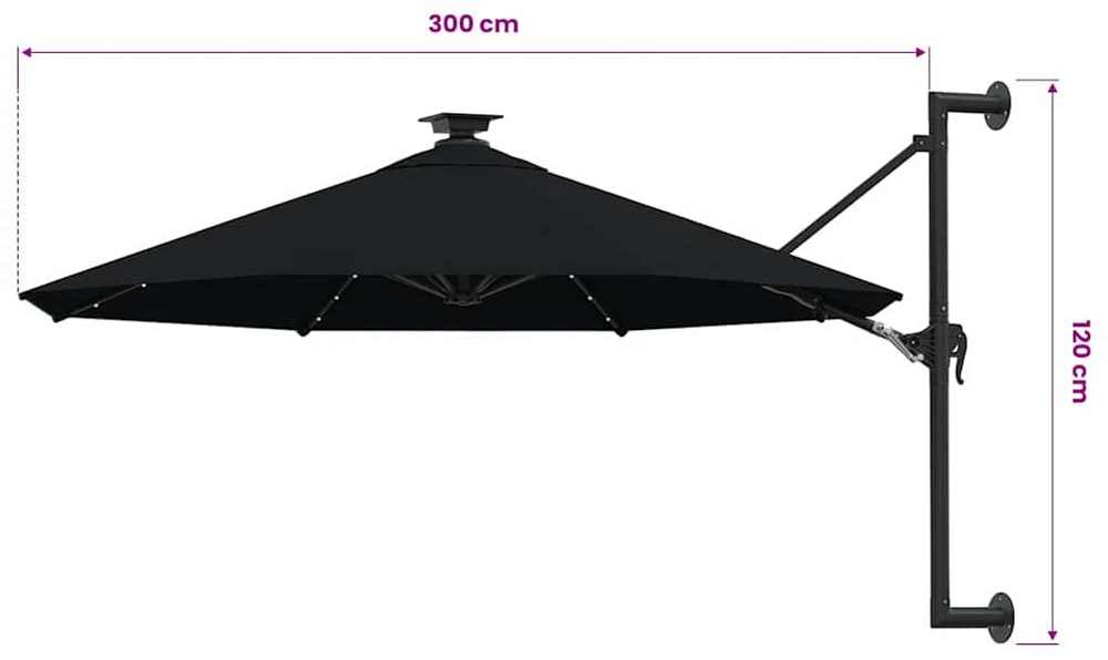Prie sienos montuojamas sodo skėtis su LED, juodas, 300cm