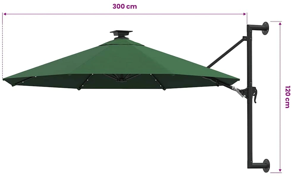 Prie sienos montuojamas sodo skėtis su LED, žalias, 300cm
