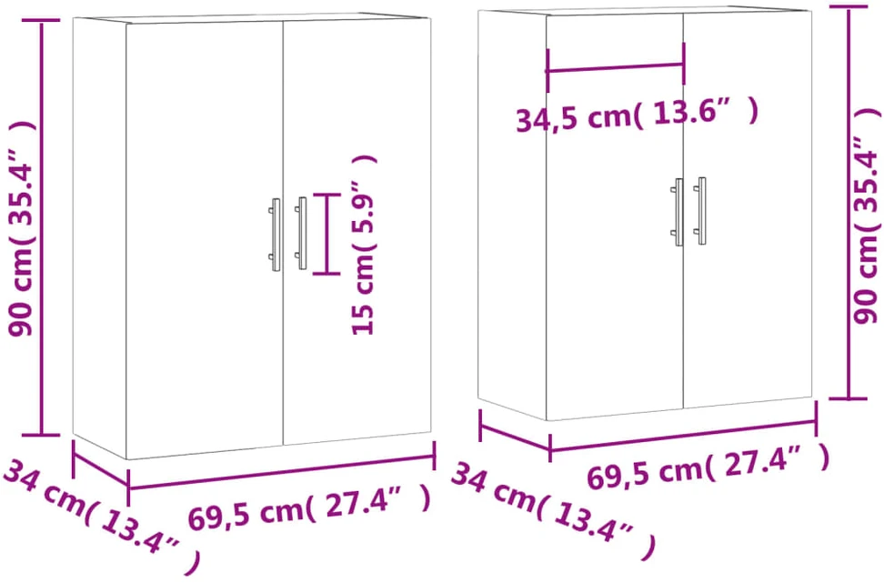 Prie sienos montuojamos spintelės, 2vnt., baltos, 69,5x34x90cm
