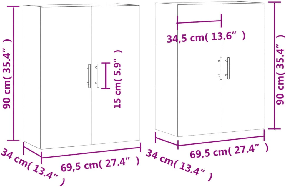 Prie sienos montuojamos spintelės, 2vnt., baltos, 69,5x34x90cm