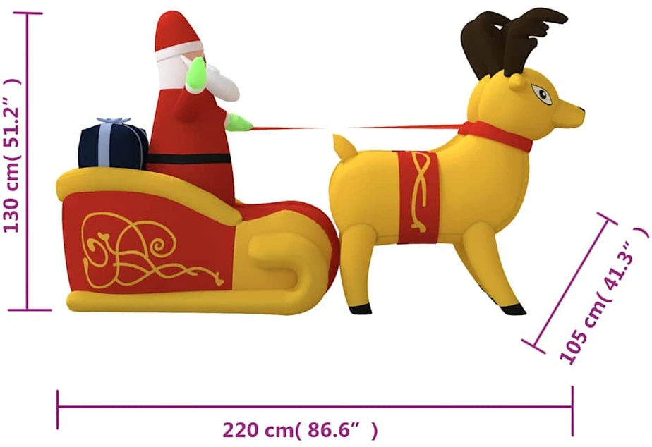 Pripučiama LED dekoracija Kalėdų Senelis ir elniai, 130cm