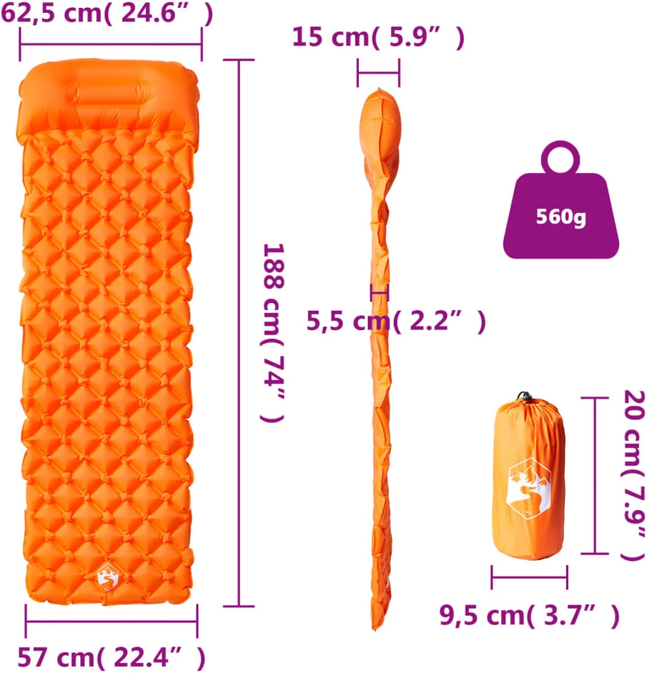 Pripučiamas stovyklavimo čiužinys su pagalve, oranžinis