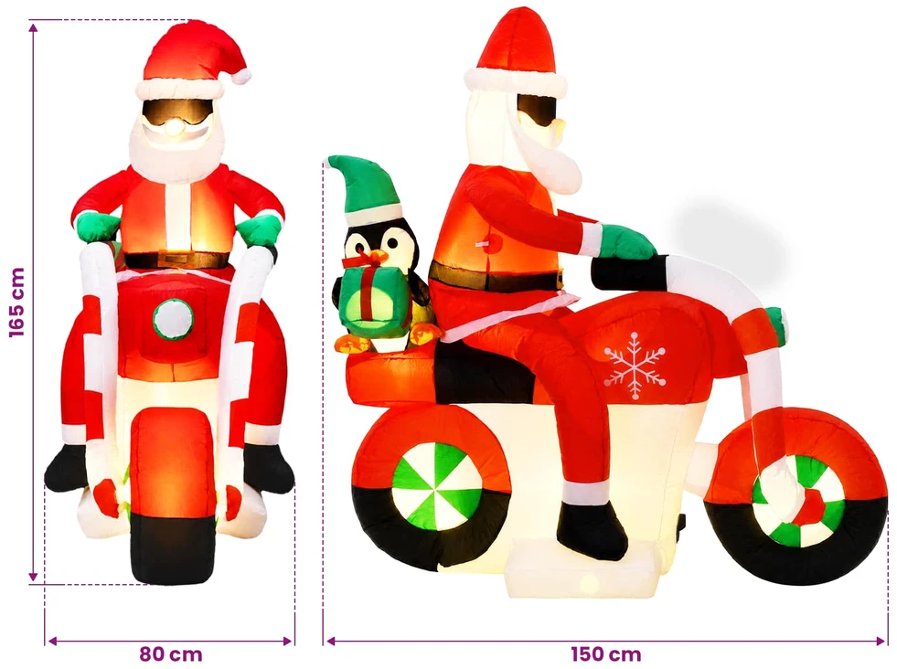 Pripučiamas Kalėdų Senelis ant motociklo, LED, IP44, 160cm