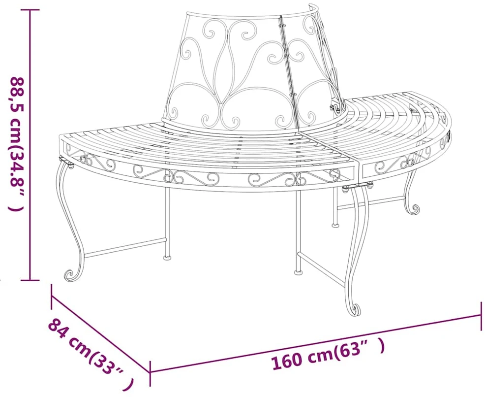 Pusapvaliai suoliukai aplink medį, 2vnt., juodi, 160cm, plienas